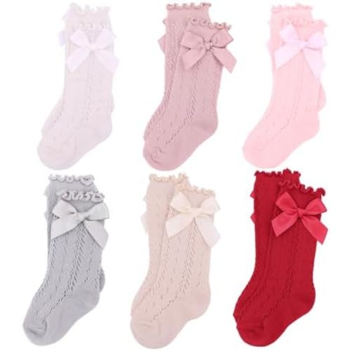 Sugarmelon Calcetines con volantes para bebés niñas con lazos Calcetines para bebés, niños pequeños y niños Medias largas Calcetines de malla hasta la rodilla