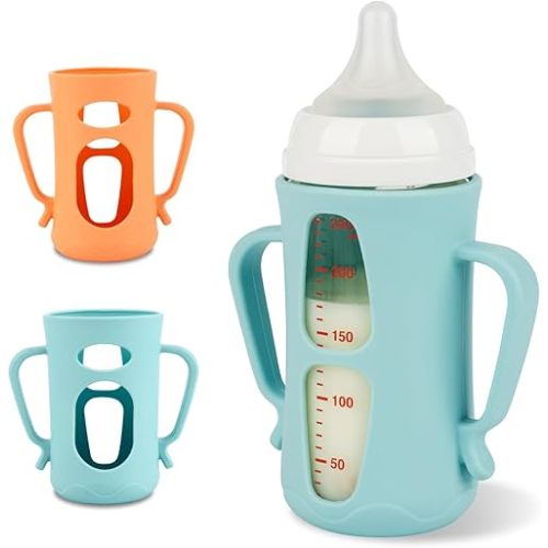 Silicone Sleeves for Pigeon Baby Bottles 8.1 oz,Anti Breakage Glass Baby Bottle Holder with Handles 2 Pack