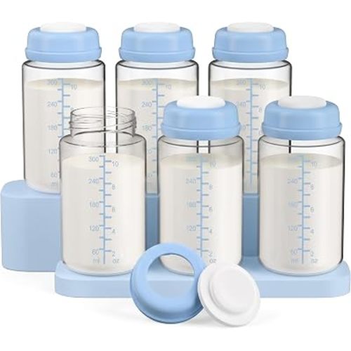 6Pack 10oz Wide-mouth Breastmilk Storage Bottle for Momcozy 22oz Portable Breast Milk Cooler, Pumping Storage Containers Compatible with Spectra S1/S2/9 Plus/SG/Motif Luna (6PC/Blue Lids)