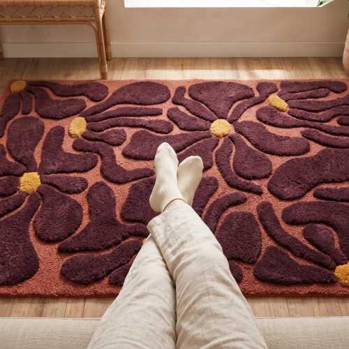 9x12Hand Tufted Wool Rug, Burgundy Abstract Area Rug, 3D Carved High Low Carpet, Modern Bedroom Rug, Luxury Handmade Living Room Decor 6x8