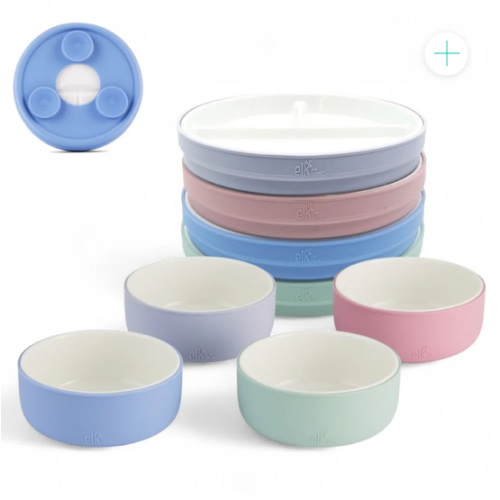 Kids Porcelain Mealtime Bundle | Suction Sleeves | 6.7" Plates + Bowls | 8 Pcs | Blush/Lilac/Sage/Misty Blue
