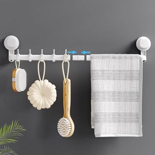 LUXEAR Suction Cup Towel Bar, 24 in Adjustable Towel Rack with 5 Hooks