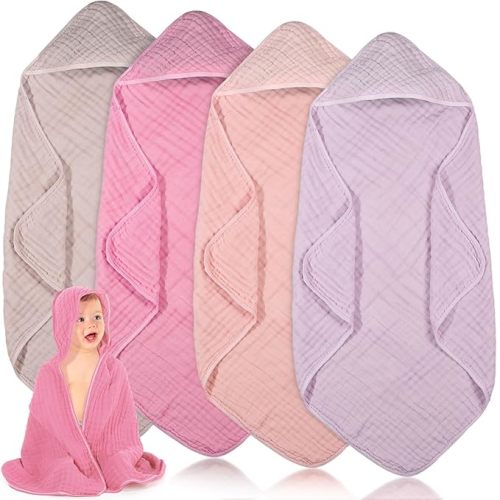 Peryiter 4 Pcs Muslin Hooded Baby Towels 32 x 32 Inch Cotton Newborn Bath Essentials Muslin Infant Blankets Absorbent Registry Gifts for Girl Boy Kids Baby Shower (Pink Series)