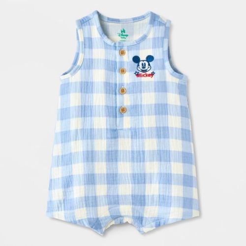 Baby Boys' Disney Mickey Mouse Americana Gingham Romper - Light Blue 12M