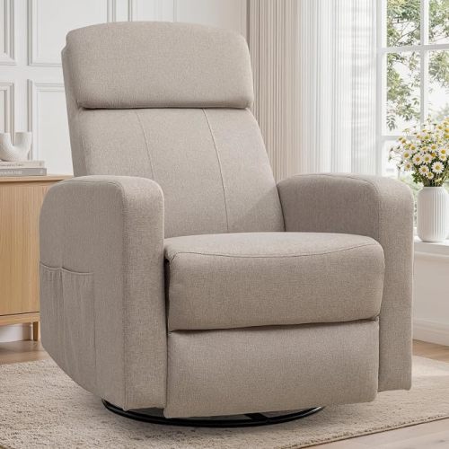 Korser Power Recliner Chair for Adults, Swivel Rocker Recliner with USB Ports, Nursery Rocking Chairs with Side Pockets, Electric Recliner Nursery Glider for Living Room & Nursery, Linen Fabric, Khaki