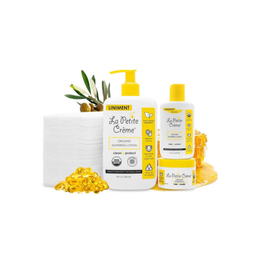 La Petite Creme Premium French Diapering Gift Set: Includes Organic Diapering Lotion (8 oz), Travel-size Liniment Baby Lotion (2 oz), 1 Travel-size Diaper Balm (1 oz), 50 Disposable Cotton Pads