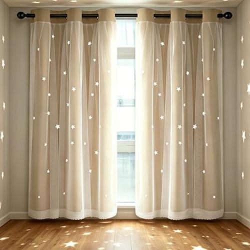 Star Cutout Blackout Curtains for Bedroom 42"W x 84"L 2 Panels Beige