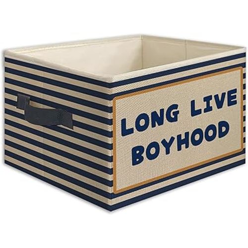 Long Live Boyhood Boys Foldable Storage Bins Box with Handles, Retro Blue Striped Collapsible Toys Books Clothes Organizer Basket for Kids Boy Nursery Room Bedroom Bathroom Playroom