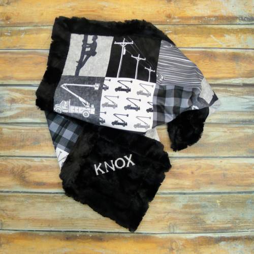 Personalized Lineman Minky Blanket - Monochrome Baby Blanket - Lineman Gift - Black and White Blanket - Baby Blanket - Newborn Baby Gift