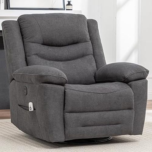 Power Swivel Rocker Recliner with Massage and Heat, USB Port, Infinite Position, Oversized Electric Glider Rocking Chairs Living Room, Soft Fabric Reclining Sofa Chair (Darkgrey)