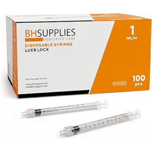 BH Supplies 1ml Luer Lock Tip Syringes (No Needle) - Sterile, Individually Wrapped - 100 Syringes