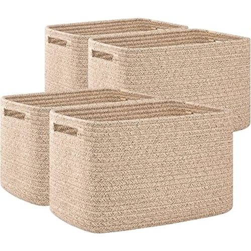 OIAHOMY 4 Pack Storage Baskets for Organizing, Cube Storage Bins for Shelves, Rectangle Storage Baskets With Handles, Woven Baskets for Storage, 16''Lx12''Wx8''H, Brown
