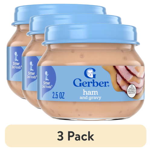 (3 pack) Gerber Stage 2 Baby Food, Ham and Gravy Jar, Baby Puree Jars Glass 2.5 oz