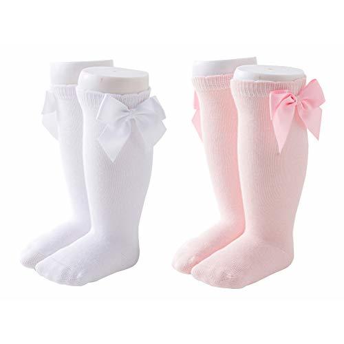 Maorrew 2 Pack Baby Girls Knee High Socks Bow Long Stockings Infants Toddlers Cotton Ruffled Uniform Leggings