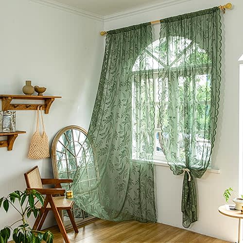Sutuo Home Olive Green Lace Curtains 84 Inches Long for Bedroom Living Room, Leaf Embroidery Window Sheer Drapes Pair, Rod Pocket Vintage Country Window Treatments Set of 2 Panels, 57" W x 84" L