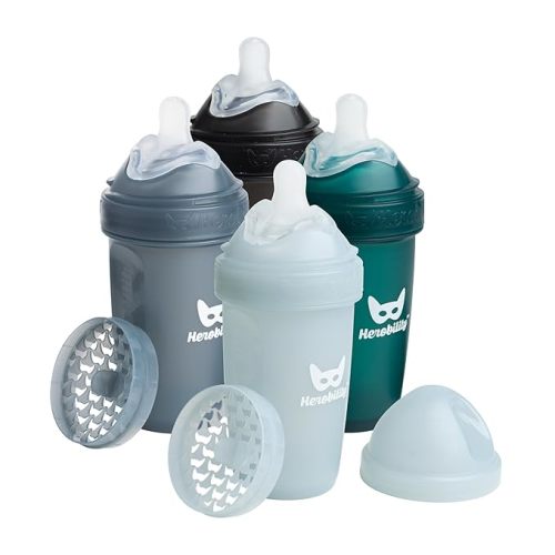 Herobility Anti-Colic Baby Bottles 8.5 oz/240ml - Pack of 4 Plastic Baby Bottles, Medium Flow Plastic Bottles, Breast-Shaped Teat for Breastfed Babies- Multicolor -Black, Dark Green, Iron Blue, Grey