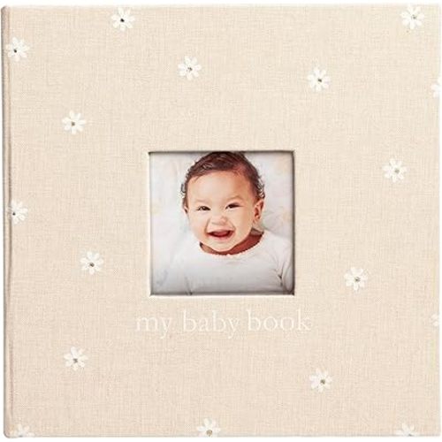 Pearhead Daisy Print First 5 Years Baby Memory Book, Floral Linen Baby Keepsake with Guided Pages and Photo Inserts