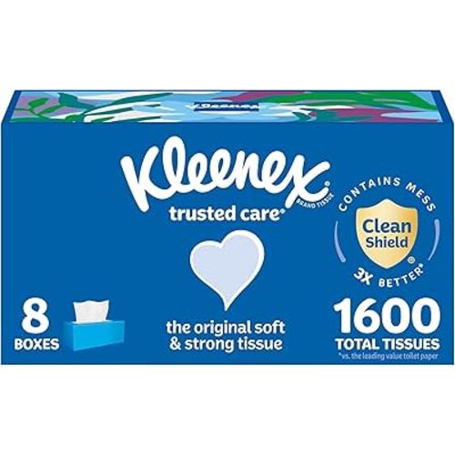 Kleenex Trusted Care Facial Tissues, 8 Flat Boxes, 200 Tissues per Box, 2-Ply, Packaging May Vary