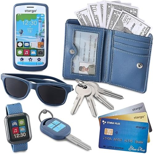 Play Wallet for Boys Toys for 3 4 5 Year Old Boys, Great Boys Gift Ages 3-5 | Boys Grown Up Pretend Play Set for Kids Includes Play Money, Cellphone, Smartwatch, Keys, Sunglasses, Toddler Toys 3 4 5 6
