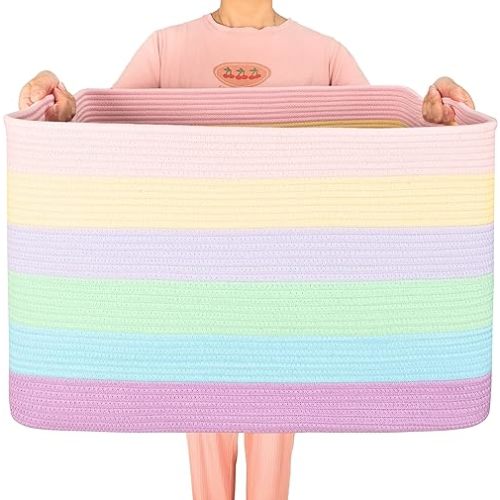 MINTWOOD Design 112L Extra Large Blanket Basket Holder Living Room, 25"x17"x16" Rectangle Rope Woven Storage Basket with Handles for Laundry, Towels, Shoes, Dog Toy Organizer Bin Box, Pastel Rainbow