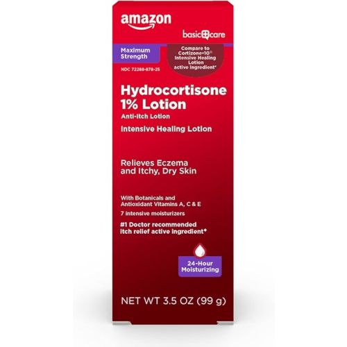 Amazon Basic Care Maximum Strength 1% Hydrocortisone Anti-Itch Lotion for Eczema Relief, Intensive Healing, Redness and Rashes, 3.5 ounce (Pack of 1)
