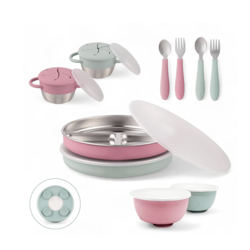 Stainless Steel Mealtime Bundle | Plates, Bowls, Snack Cups + Toddler Utensils | Suction Sleeves | Blush/Sage