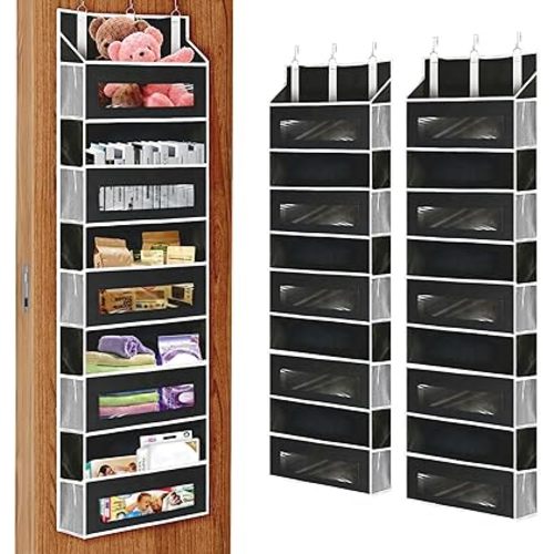 2 Packs 5-Tier Over the Door Storage Organizer with 10 Side Mesh Pockets, 48 lbs Load Capacity, 3 Hooks Design, Hanging Organizer with Clear Windows for Bathroom, Bedroom, Nursery, Kitchen-Black