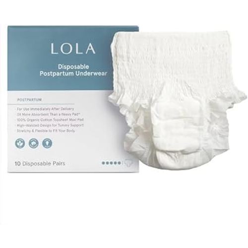 LOLA Postpartum Underwear with Organic Cotton Max Absorbency for Postpartum Bleeding - Pregnancy Hospital Bag Essentials - 10 Count