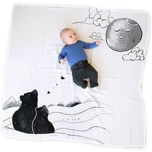 JumpOff Jo - Baby Blanket Swaddle, Hypoallergenic, 100% Cotton Baby Muslin Blanket with Original Storytelling Designs - 47" in. x 47" in. - Mama Bear Black