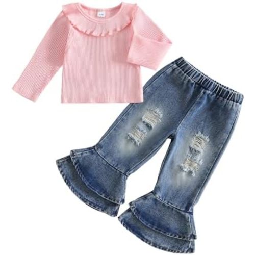 Adobabirl Baby Girl Fall Clothes Toddler Girl Outfit Ribbed Ruffle Long Sleeve Shirt and Bell Bottom Jeans Denim Pants Set