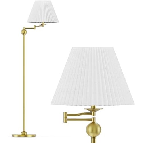 Modern Mid-Century Floor Lamp for Living Room, Adjustable Swing Arm Floor Lamp, Gold Standing Lamp, Gold Lamp Body with White Pleated Shade, Tall Lamps for Bedroom, Office, Home, Nursery, Hotel
