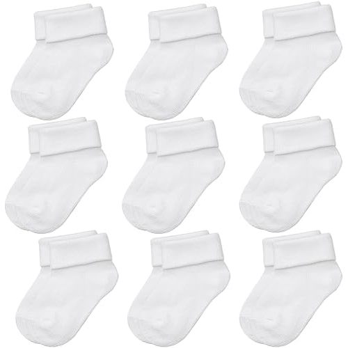 Infant Baby Boys and Girls Cotton Socks with Fold-Over Cuff, 9-Pack, 3-9 Months
