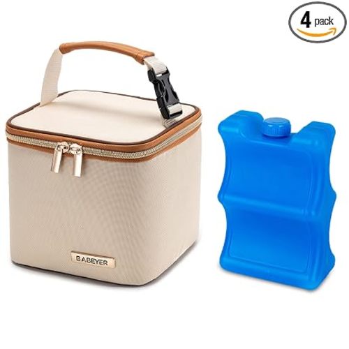 Breastmilk Cooler Bag with Ice Pack Fits 4 Baby Bottles Up to 5 Ounce, Baby Bottle Cooler Bag Great for Nursing Mom Daycare,Beige