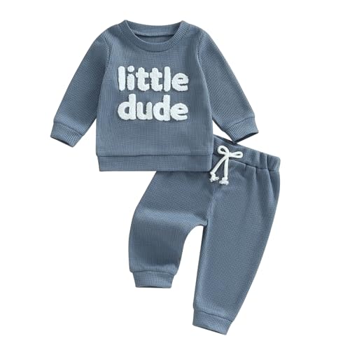 Kupretty Toddler Baby Boy Fall Winter Clothes Embroidery Waffle Knit Sweatshirt Pullover Tops + Casual Pants Outfit Set