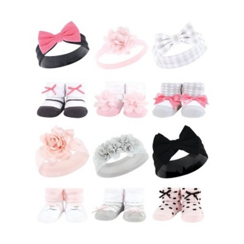 Hudson Baby Infant Girl 12Pc Headband and Socks Giftset, Pink Charcoal Pink Black Gray, One Size