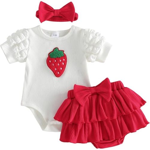 Newborn Girl Outfits Baby Summer Clothes Strawberry Ribbed Romper Bow Ruffle Shorts Skirt With Headband 3pcs Set