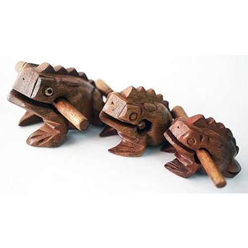 Guiro Percussion Musical Instruments Wooden 3 Piece, Set of 3 Natural Wood Güiro Frog 10-8-5 cm.