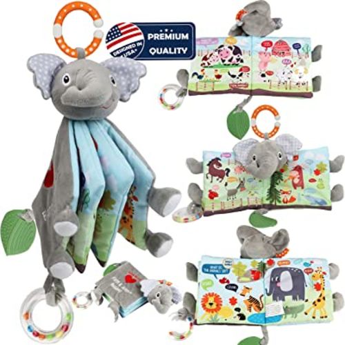 Soft Baby Book Toys, Jungle Crinkle Cloth Books for Babies Infants Toddler, Elephant Baby Gifts Teething Toys, Education Bunny Toy for 0-6 Months 1 Year Old Boy Girl, Stuffed Plush Book Touch and Feel