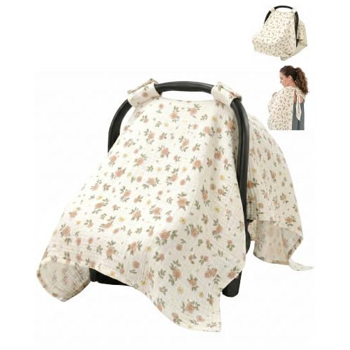 Metplus Muslin Car Seat Cover for Babies, 100% Cotton Infant Carseat Canopy | Breathable Baby Car Seat Cover for Summer, Lightweight Stroller Sunshade Covers for Newborns, Baby Shower Gift (Flowers)