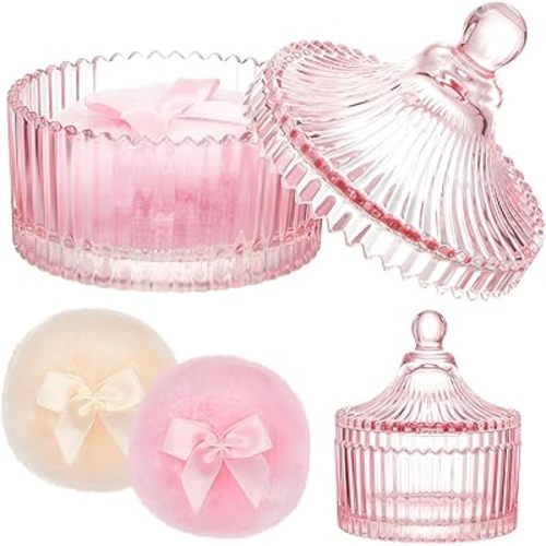 Tioncy 3 Pcs Large Body Powder Puff and Container Valentine's Day gift Powder Container with Puff Crystal Case Soft Washable Reusable Velour Face Body Glitter Wet Dry Makeup(Classic,Pink)