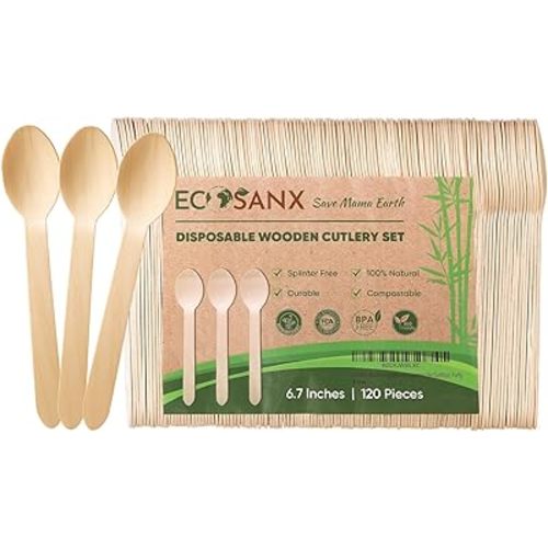ECOSANX® 120 PCs Wooden spoons for eating, 6.5" Splinter Free small disposable spoons, Eco-Friendly, 100% All-Natural Compostable spoons for Outdoor, Bamboo spoon Disposable for Camping Events & More