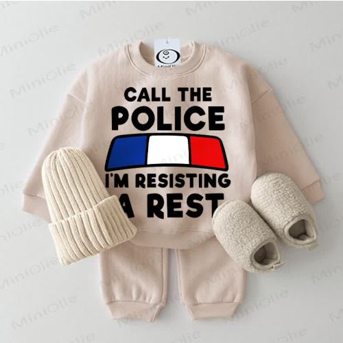 CALL THE POLICE I;M RESISTING A REST Baby Sweatshirt 2-piece Beige Set