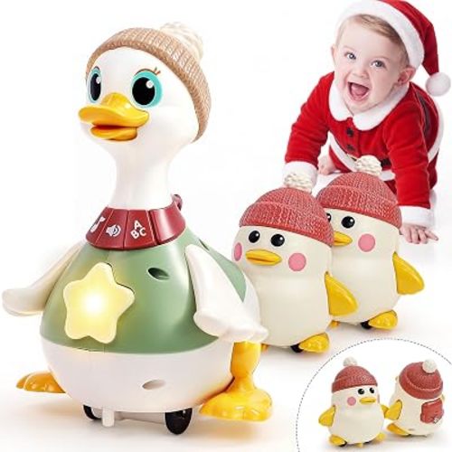 HOLA Baby Toys 6-12 Months, Musical Dancing Duck Plus Tummy Time Toy with Mama & Baby Ducks, EN & ES Learning, Christmas Songs, Lights, Sounds, Crawling Interaction, 1 Year Old Baby Gifts