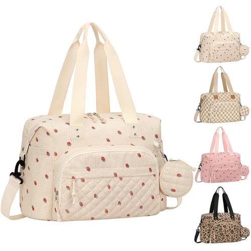 Tenot Corduroy Diaper Bag Tote, Baby Bag Travel Diaper Tote Bag with Pacifier Case, Large Baby Diaper Bags for Women, Ctue Diaper Bags For Baby Girl Boy Mom Maternity Hospital Bag, Beige Strawberry