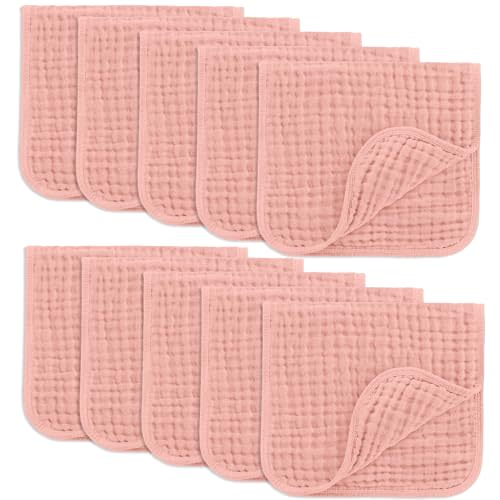 Comfy Cubs Muslin Burp Cloths 20" x 10", Pack of 10 - Large, 6-Layer, Ultra Absorbent 100% Cotton for Baby Drool and Messes - Soft, Safe & Gentle Baby Burp Cloths for Boys & Girls - Bold Blush