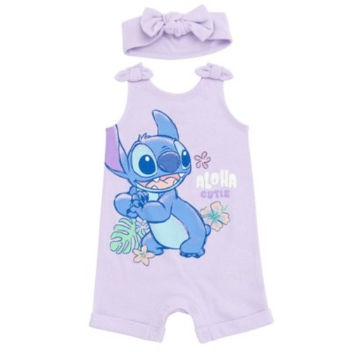 Disney Lilo & Stitch Newborn Baby Girls French Terry Romper and Headband Purple 0-3 Months