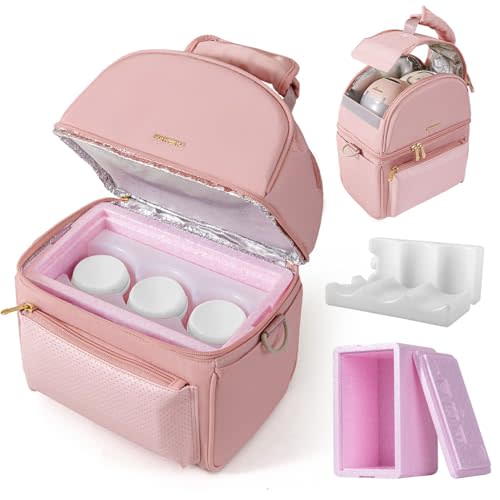 SUNVENO Breast Milk Cooler Bag with Detachable Insulation Box, Double-Layer Pumping Travel Bag for Work & Daycare, Fits Bottles, Ice Packs and Pump Parts,Pink
