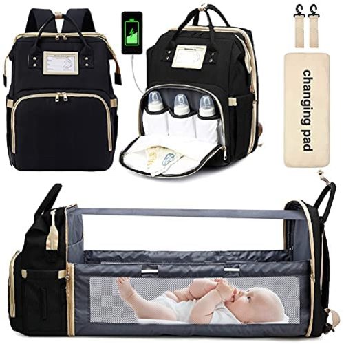 3 in 1 Diaper Bag Backpack with Changing Station, Baby Diaper Bag with USB Charge, Foldable Baby Bed, Multifunction Travel Baby Bag, Crib Shade Clot, Large Capacity Waterproof（Black)