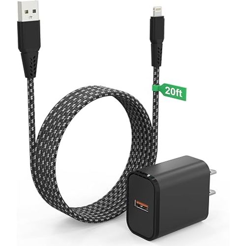 iPhone Charger Cord 20 FT [Apple MFi Certified] iPhone Charger Long Cable with QC 18W Wall Charger Plug, Braided iPhone Cord Fast Charging USB to Lightning Cable for iPhone 14/13/12/11, iPad