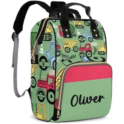 Personalized Diaper Bag Backpack for Women Men, Green Colorful Truck Car Custom Name Nursing Mommy Daypack, Diaper Bag for Boys, New Mom Gifts